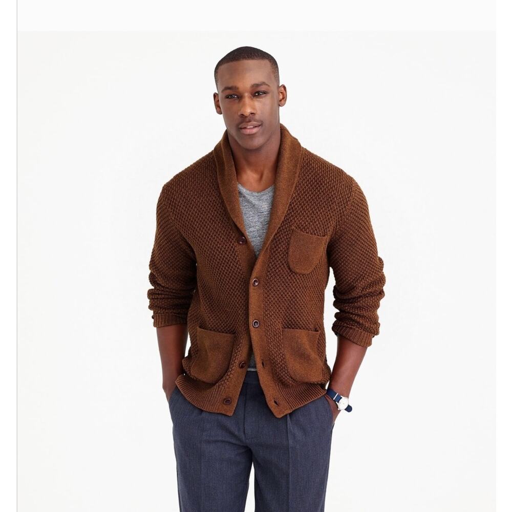 J Crew Mens Seed Stitch Shawl Collar Cardigan Sweater S Warm Brown J.Crew G9100